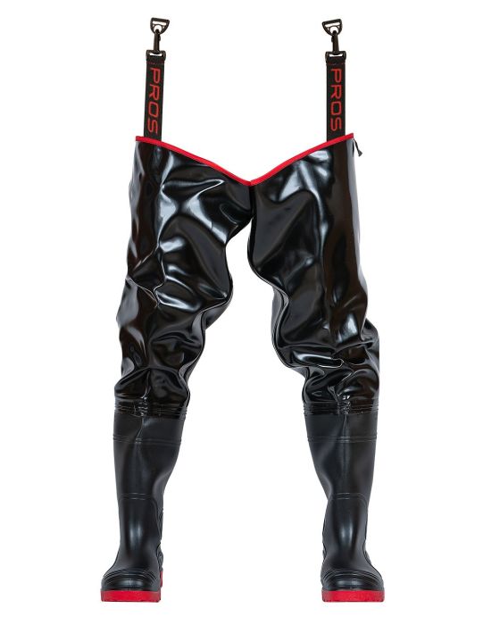Thigh waders with increased resistance to mechanical damage, with permanently welded, high quality anti-slip boots.