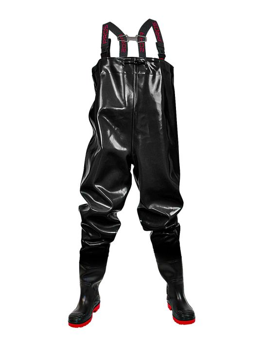 Spodniobuty wędkarskie PROS STRONG BLACK o wysokiej odporności na uszkodzenia. EN ISO 13688 EN 343 EN ISO 20347 - OB SRC.