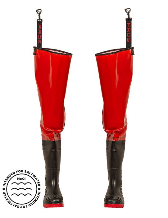 Thigh waders with increased resistance to mechanical damage, with permanently welded, high quality anti-slip boots.