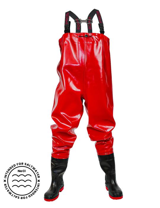 Spodniobuty wędkarskie PROS STRONG RED o wysokiej odporności na uszkodzenia. EN ISO 13688 EN 343 EN ISO 20347 - OB SRC.