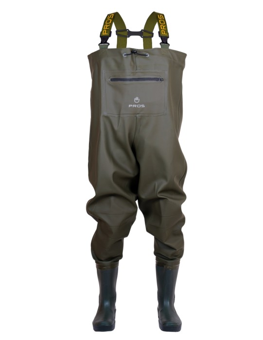Premium pocket chest waders with permanently welded high-quality galoshes and reinforcements on the knees