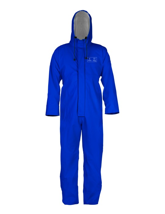 Chemical protection overalls model 424 designed for possible contact with acids and alkalis. Protects against wind and rain