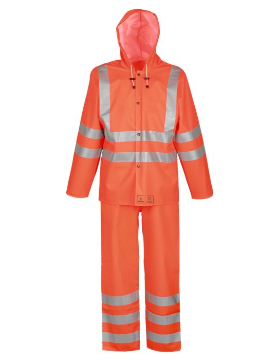 Vêtement haute visibilité, modèle 1101R / 1011R, composé de ¾ d'une veste et d'un pantalon protégeant du vent et de la pluie